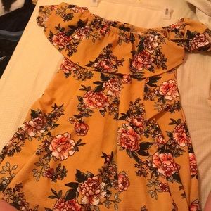 Off the shoulder, mustard yellow flowered dress